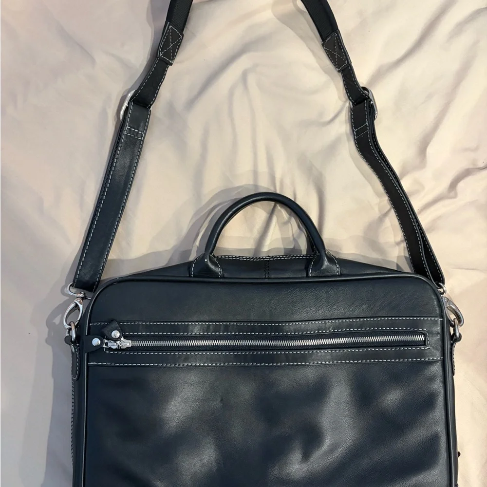 Black Leather Laptop Briefcase Bag w/Shoulder Strap - Contrast Stitch